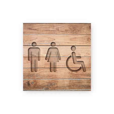 Panneau pictogramme de signalisation · Toilettes Trio H/F Handicapés | Texture Bois