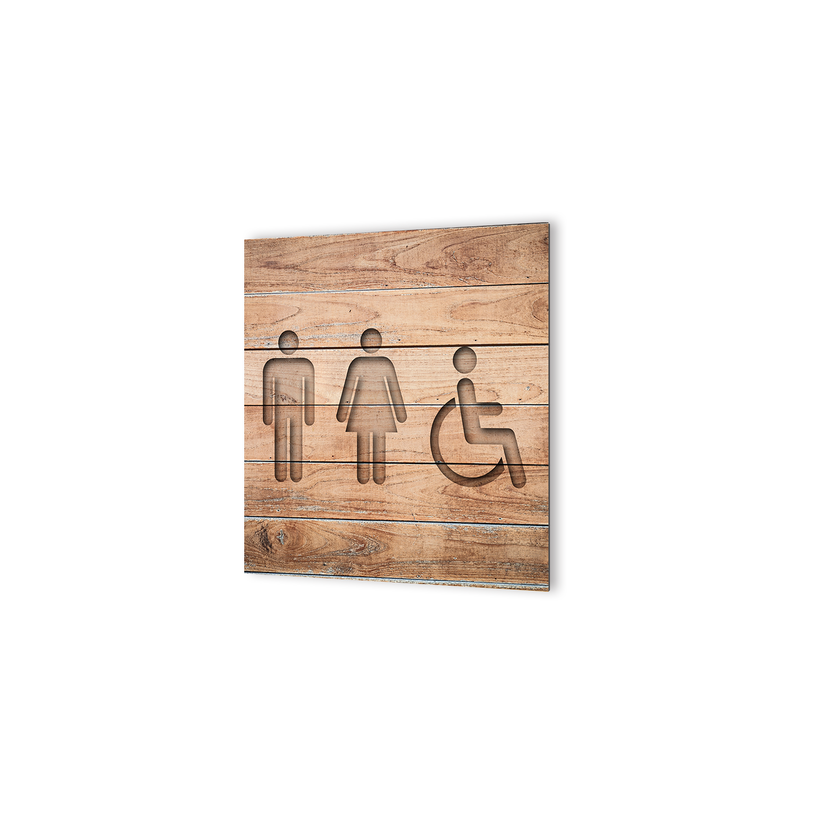 Panneau pictogramme de signalisation · Toilettes Trio H/F Handicapés | Texture Bois