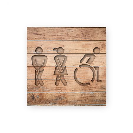 Panneau pictogramme de signalisation fun · Toilettes Trio H/F Handicapés | Texture Bois