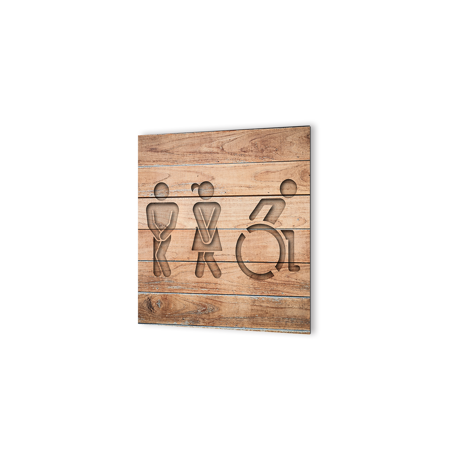 Panneau pictogramme de signalisation fun · Toilettes Trio H/F Handicapés | Texture Bois