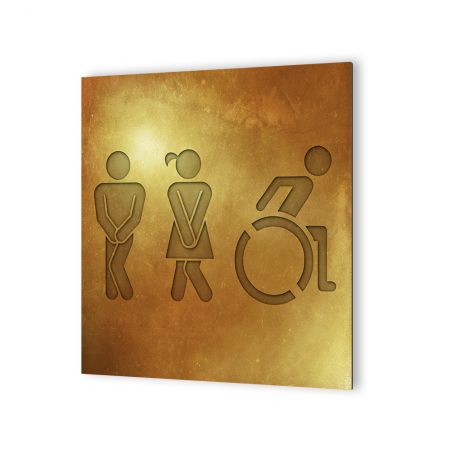 Panneau pictogramme de signalisation fun · Toilettes Trio H/F Handicapés | Texture Gold