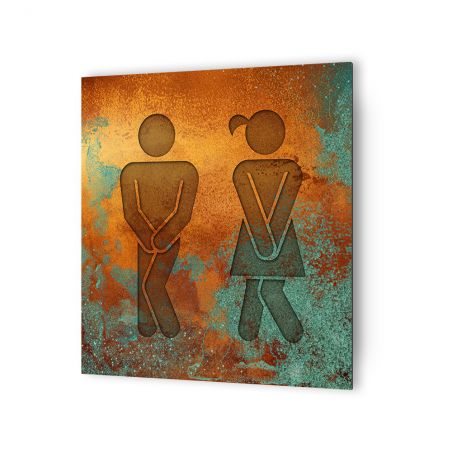 Panneau pictogramme de signalisation · Toilettes Mixtes Humoristique| Texture Cuivre