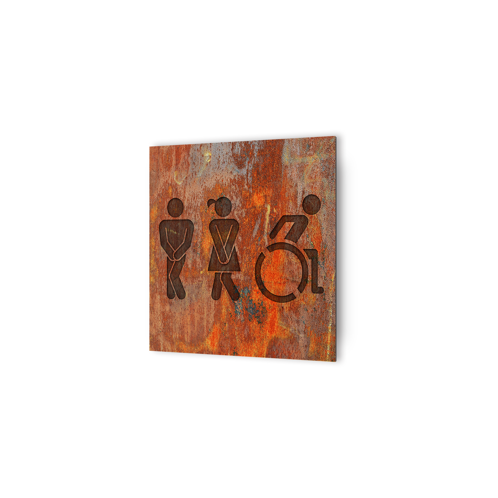 Panneau pictogramme de signalisation fun · Toilettes Trio H/F PMR | Texture Rouille