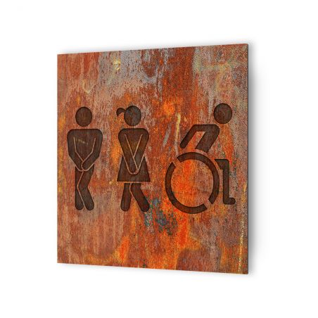 Panneau pictogramme de signalisation fun · Toilettes Trio H/F PMR | Texture Rouille