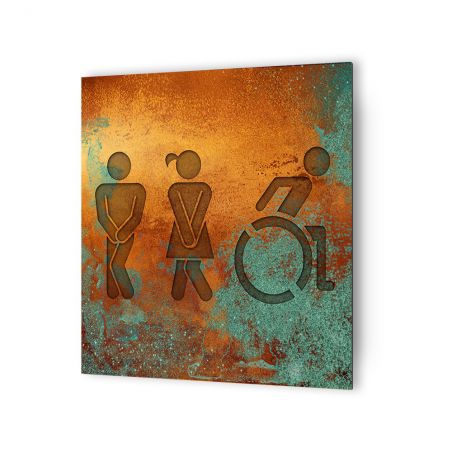 Panneau pictogramme de signalisation fun · Toilettes Trio H/F PMR | Texture Cuivre