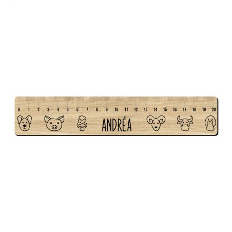 Personalized 20 cm graduated ruler for schoolchildren · First name | Animal heads