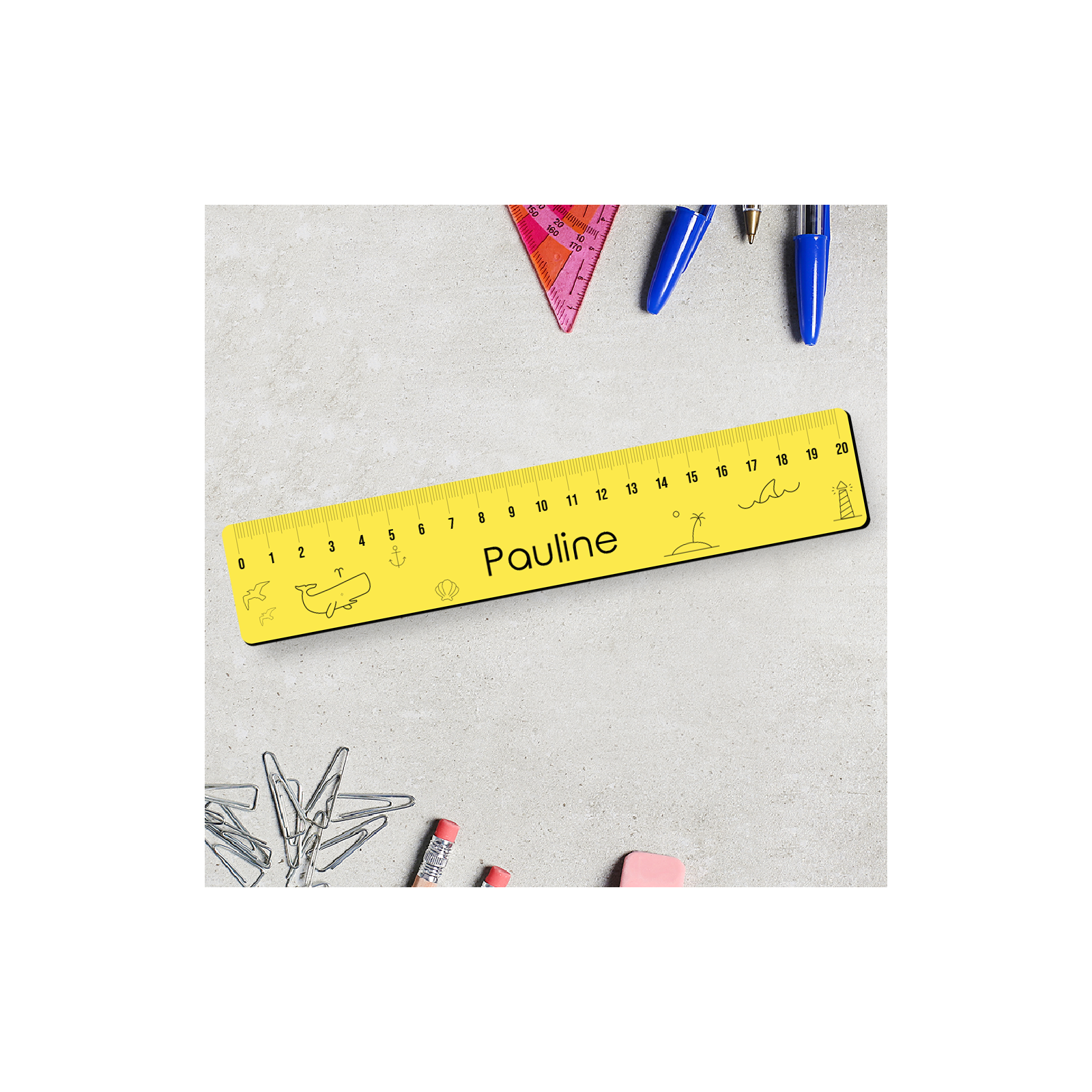 Personalized 20 cm graduated ruler for schoolchildren · First name | Marine world