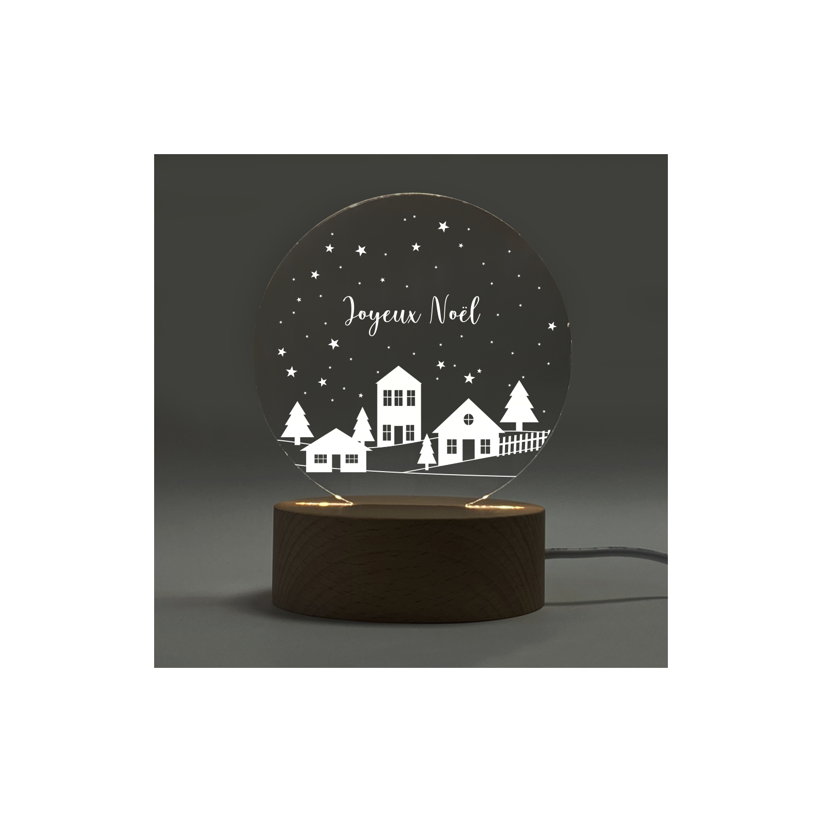 Bedside lamp with wooden base to engrave | Little house - Merry Christmas