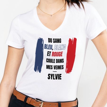 Tee-shirt Femme personnalisable col V | Du sang bleu blanc rouge coule dans mes veines