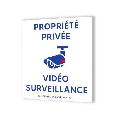 Pictogramme panneau signalétique format 20 cm x 20 cm en Dibond Blanc Picto Bleu - Modèle Propriété sous Vidéo Surveillance