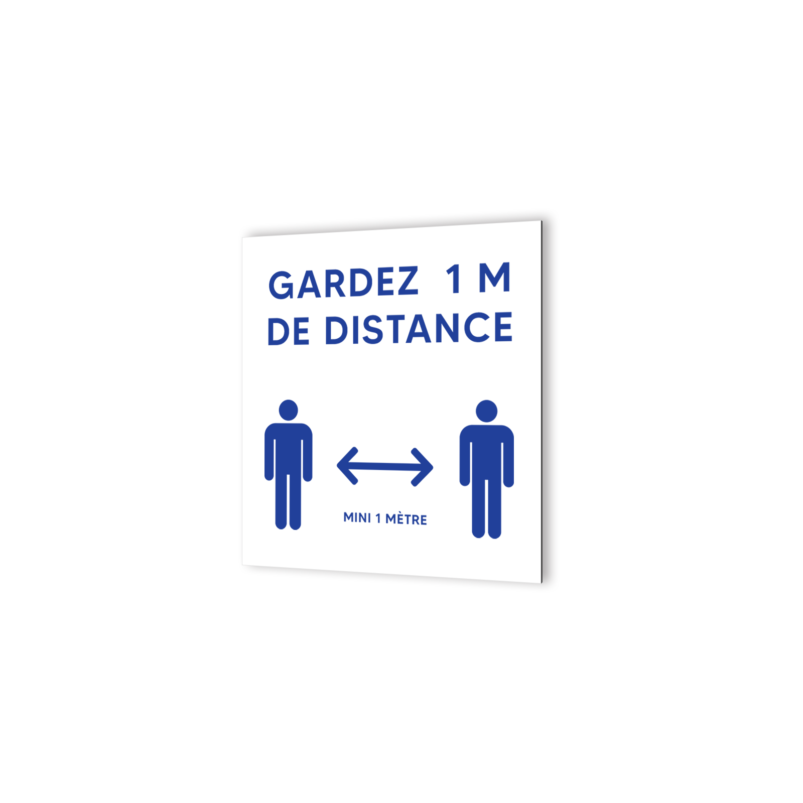 Pictogramme panneau signalétique format 20 cm x 20 cm en Dibond Blanc Picto Bleu - Modèle Gardez 1 m de distance