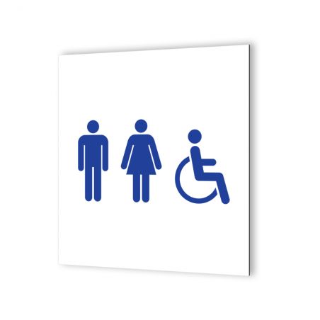 Pictogramme panneau signalétique format 20 cm x 20 cm en Dibond Blanc Picto Bleu - Modèle Toilettes Trio