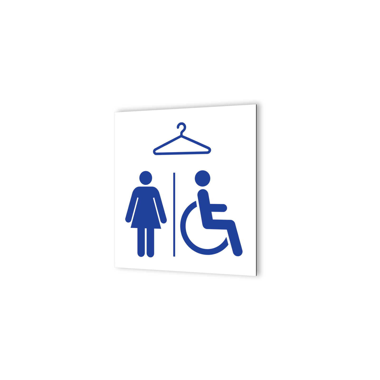 Pictogramme panneau signalétique format 20 cm x 20 cm en Dibond Blanc Picto Bleu - Modèle Vestiaires Femmes et PMR