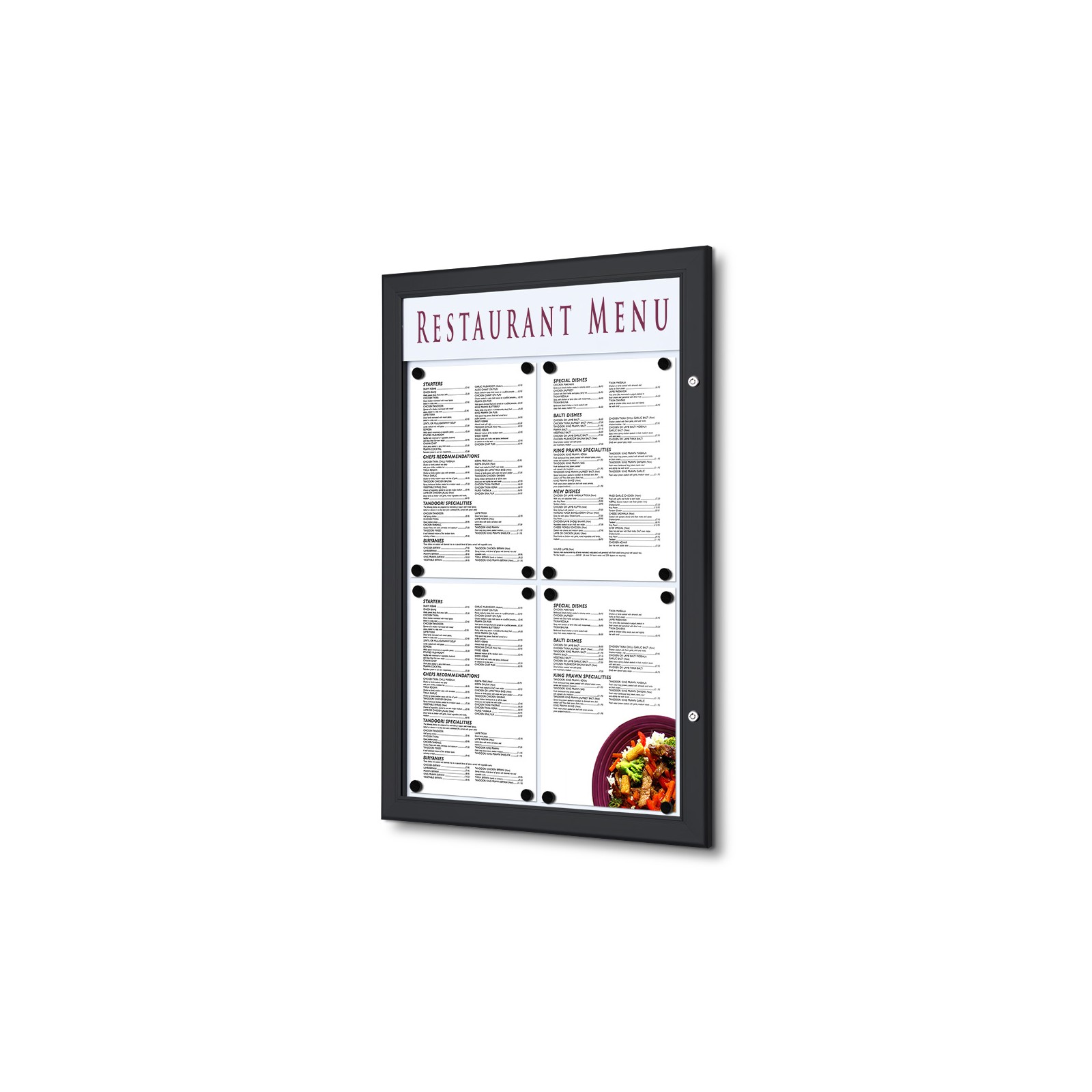 Porte-menu mural 4 x A4 noir avec bandeau led