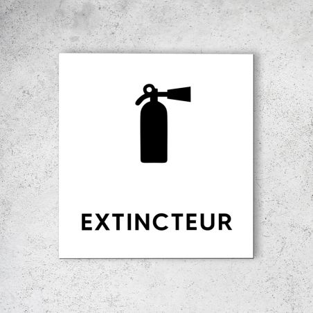 Pictogramme panneau signalétique format 20 cm x 20 cm en Dibond Blanc Picto Noir - Modèle Extincteur