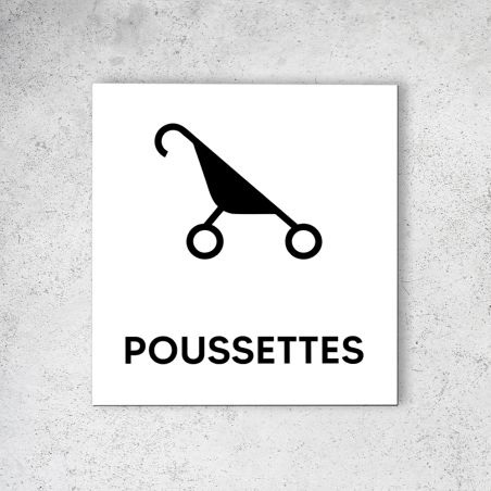 Pictogramme panneau signalétique format 20 cm x 20 cm en Dibond Blanc Picto Noir - Modèle Poussettes