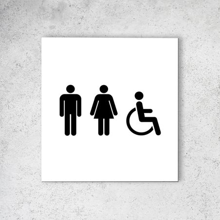 Pictogramme panneau signalétique format 20 cm x 20 cm en Dibond Blanc Picto Noir - Modèle Toilettes Trio