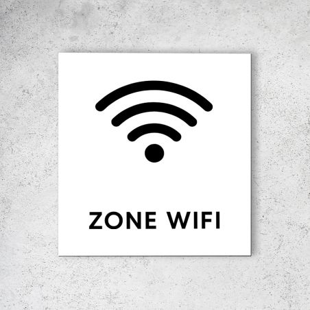 Pictogramme panneau signalétique format 20 cm x 20 cm en Dibond Blanc Picto Noir - Modèle Ondes -Zone Wifi