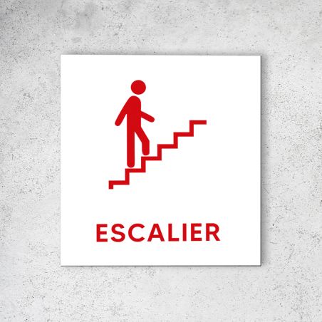 Pictogramme panneau signalétique format 20 cm x 20 cm en Dibond Blanc Picto Rouge - Modèle Escalier Droite