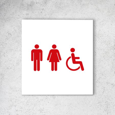 Pictogramme panneau signalétique format 20 cm x 20 cm en Dibond Blanc Picto Rouge - Modèle Toilettes Trio