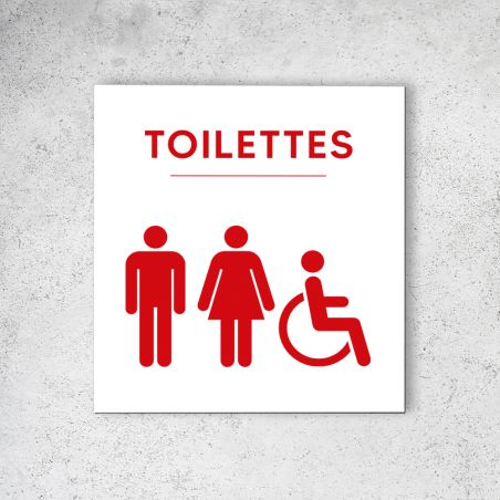 Pictogramme panneau signalétique format 20 cm x 20 cm en Dibond Blanc Picto Rouge - Modèle WC Trio