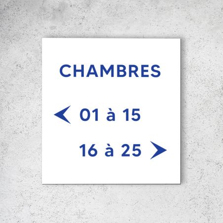 Panneau signalétique en dibond blanc Picto Bleu · indication chambres à personnaliser