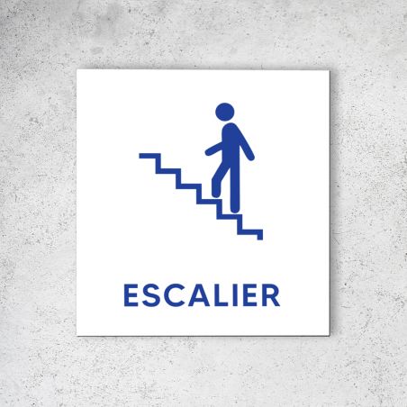 Pictogramme panneau signalétique format 20 cm x 20 cm en Dibond Blanc Picto Bleu - Modèle Escalier Gauche