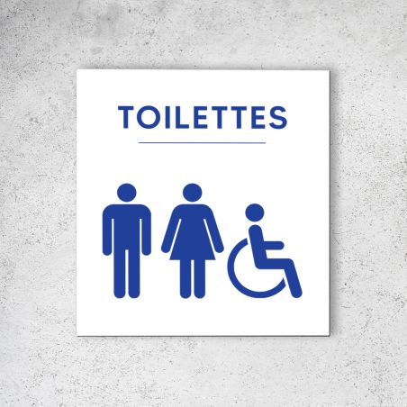 Pictogramme panneau signalétique format 20 cm x 20 cm en Dibond Blanc Picto Bleu - Modèle WC Trio