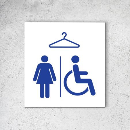 Pictogramme panneau signalétique format 20 cm x 20 cm en Dibond Blanc Picto Bleu - Modèle Vestiaires Femmes et PMR