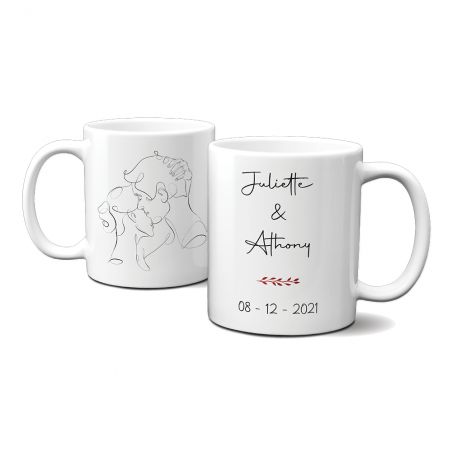 Mug en céramique blanc personnalisé avec Texte · Modèle dessin couple One Line 