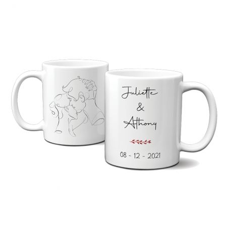 Personalized white ceramic mug with Text · One Line couple drawing model