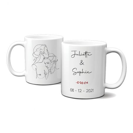 Mug en céramique blanc personnalisé · Dessin couple One Line LGBT Femmes 