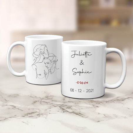 Mug en céramique blanc personnalisé · Dessin couple One Line LGBT Femmes 