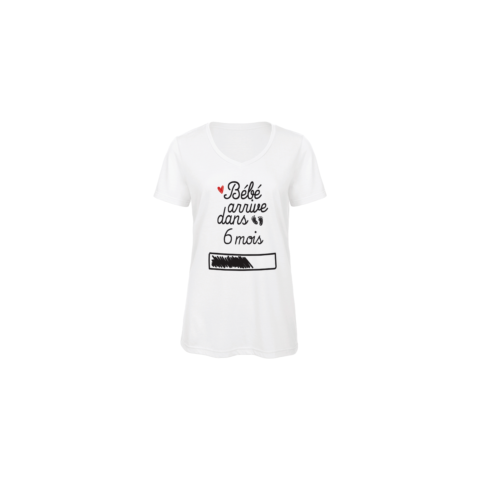 Tee-shirt blanc Col V pour Femme · Modèle Bébé arrive dans 6 mois personnalisable