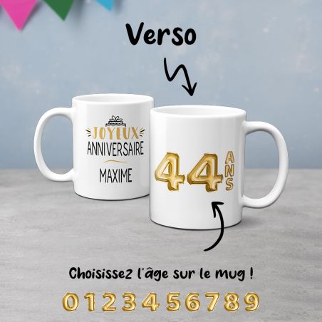 Mug Joyeux Anniversaire · Ballons Dorés · Personnalisé avec Texte et Âge