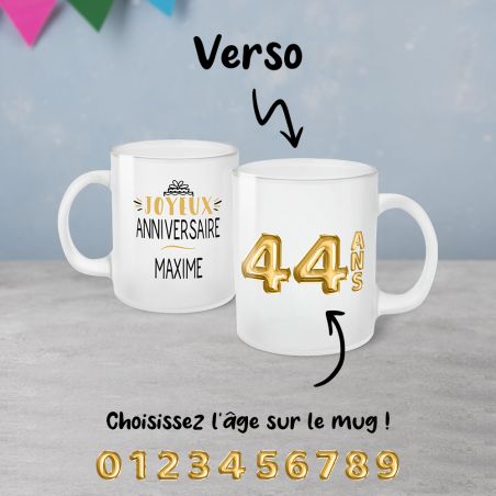 Happy Birthday Frosted Mug · Golden Balloons · Personalized with First Name and Age