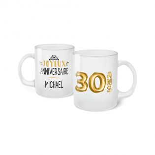 Frosted Happy Birthday Mug · 30 Years Old Golden Balloons · Personalized with First Name