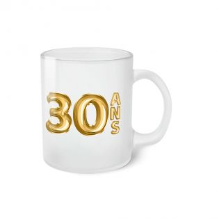 Frosted Happy Birthday Mug · 30 Years Old Golden Balloons · Personalized with First Name