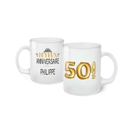 Frosted Happy Birthday Mug · 50 Years Old Golden Balloons · Personalized with First Name