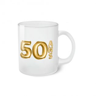 Frosted Happy Birthday Mug · 50 Years Old Golden Balloons · Personalized with First Name