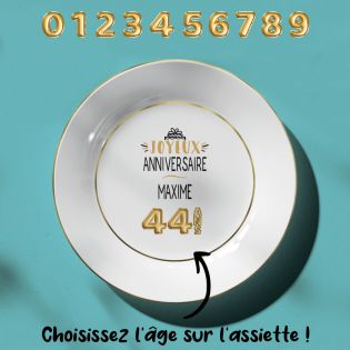 Dessert plate with gold edging Personalized with First Name and Age · Golden Balloons · Happy Birthday