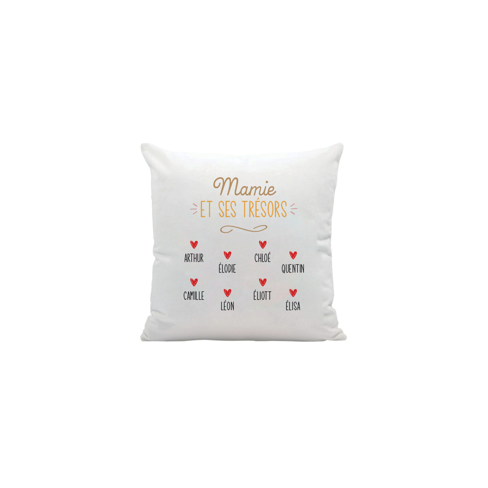 Square white cushion “Les Trésors de Mamie” personalized with first names