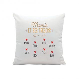 Square white cushion “Les Trésors de Mamie” personalized with first names