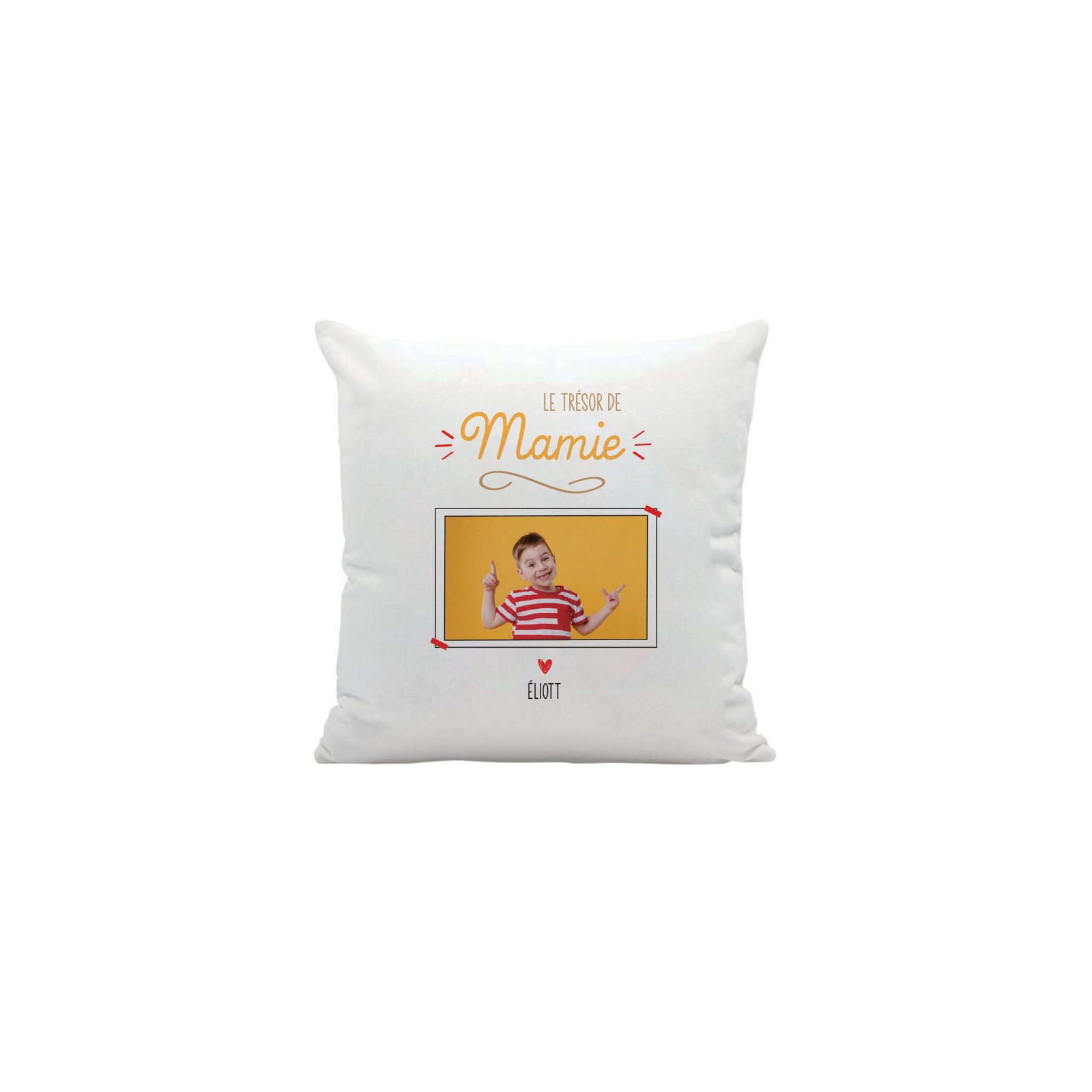 Coussin carré blanc "Le Trésor de Mamie" personnalisé avec Photo