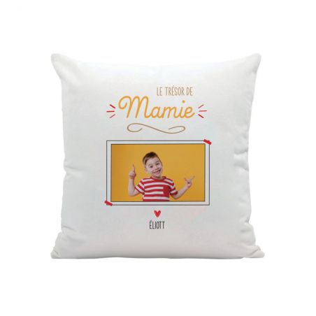 Coussin carré blanc "Le Trésor de Mamie" personnalisé avec Photo