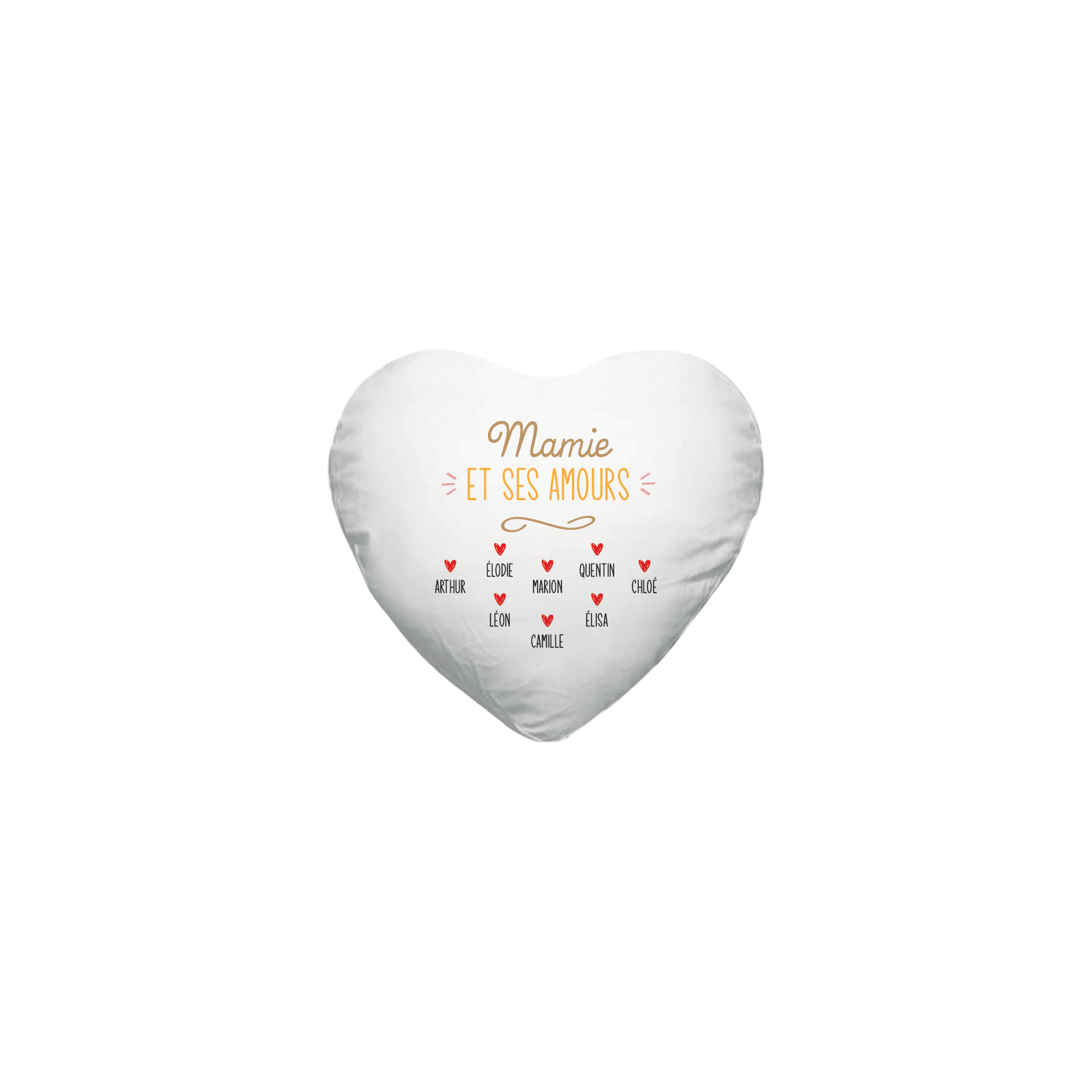 Coussin cœur blanc "Mamie et ses amours" personnalisable