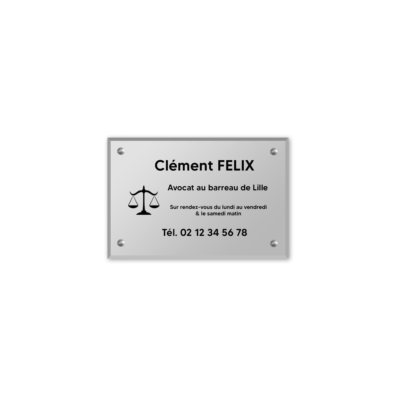 Plaque professionnelle personnalisée avec logo en plexi pour avocat - Argent Lettres Noires - Format 30 cm x 20 cm