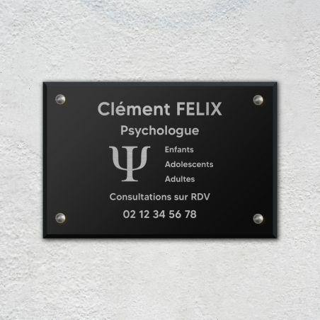 Plaque professionnelle personnalisée avec logo en plexi pour psychologue - Argent Lettres Noires - 30 cm x 20 cm