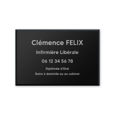 Plaque professionnelle personnalisée en plexi pour infirmière libérale - Argent Lettres Noires - Format 30 x 20 cm