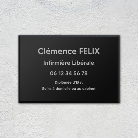 Plaque professionnelle personnalisée en plexi pour infirmière libérale - Argent Lettres Noires - Format 30 x 20 cm